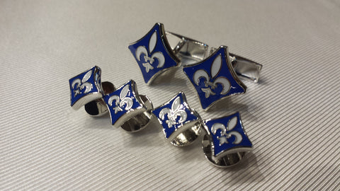 Fleur-de-Lis Diamond Shaped Cufflinks and Tuxedo Stud Set: Blue, or Black & White Enamel - NOK Exclusive! Two Styles!